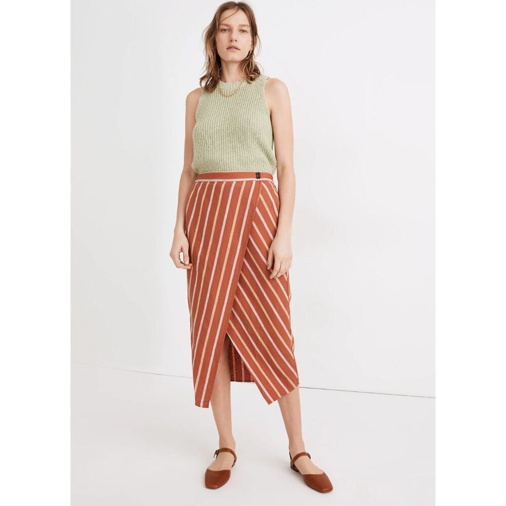 Madewell Striped Linen Blend Overlay Wrap Midi Skirt Women Size XS Rust Orange